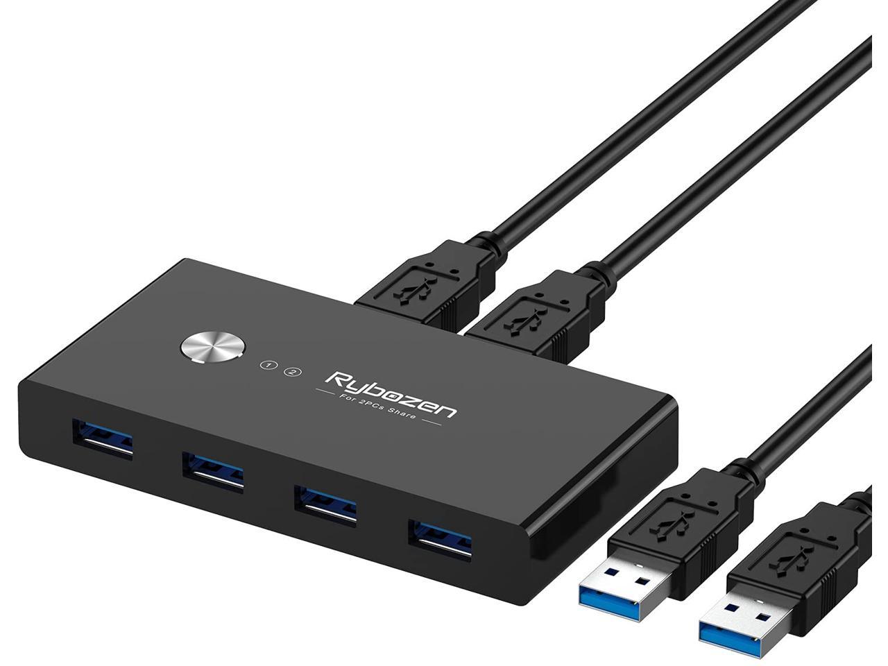 USB 3.0 Switch Selector, KM Switch Adapter 4 Port 2 Computers, USB Peripheral Switcher Box Hub for Mouse Keyboard Scanner Printer PC, with One Button Swapping and 2 Pack USB Cable