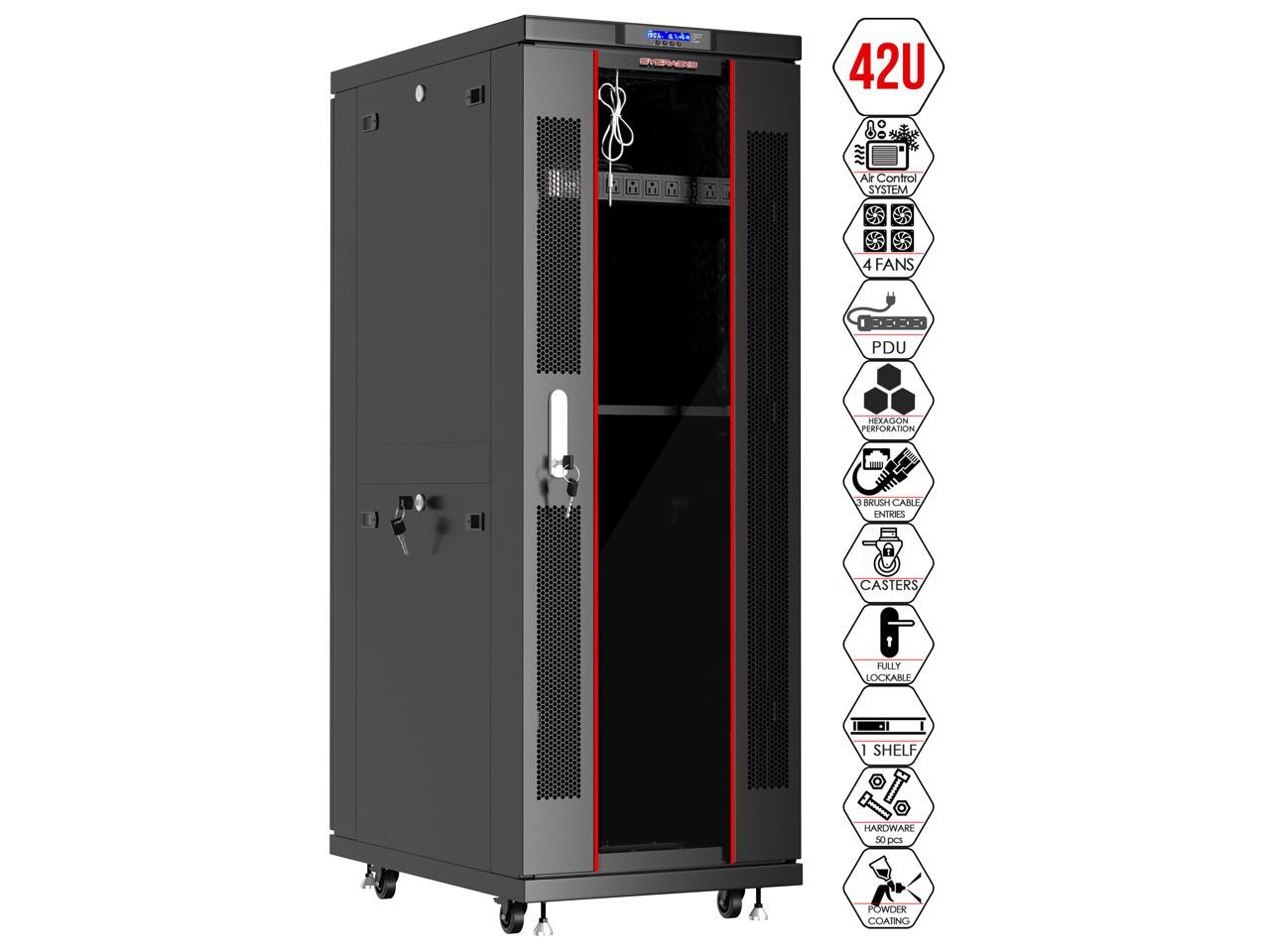 Server Rack – Locking Cabinet – Network Rack – Av Cabinet – 42U – Rack Mount – Free Standing Network Rack- Server Cabinet – Caster Leveler – Rack Shelf – Cooling Fans – Thermostat – PDU – 24″